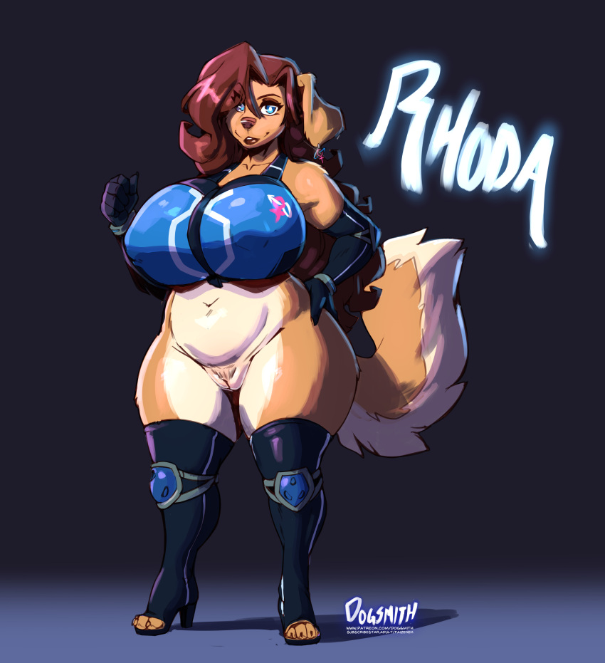 1girls anthro armwear big_breasts bottomless breasts chubby faizenek female female_focus female_only fur furry furry_only hi_res huge_breasts legwear looking_at_viewer partially_clothed pussy rhoda_(faizenek) solo solo_female solo_focus tail the_dogsmith thick_thighs topwear wide_hips