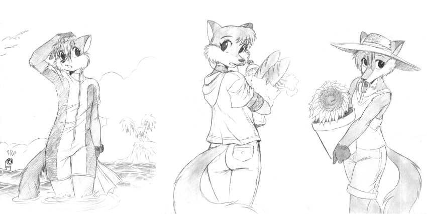 anthro chochi clothed femboy flower flower_pot fox furry furry_only groceries grocery_bag looking_at_viewer looking_back looking_back_at_viewer mammal mike_blade pants popsicle shorts sunflower swimsuit tanktop traditional_media_(artwork) water