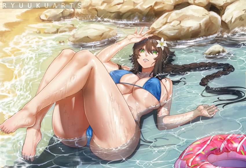 1girls ass beach big_ass big_breasts bikini braided_hair breasts brown_hair feet female female_only green_eyes looking_up on_back original_character ryuuku wet