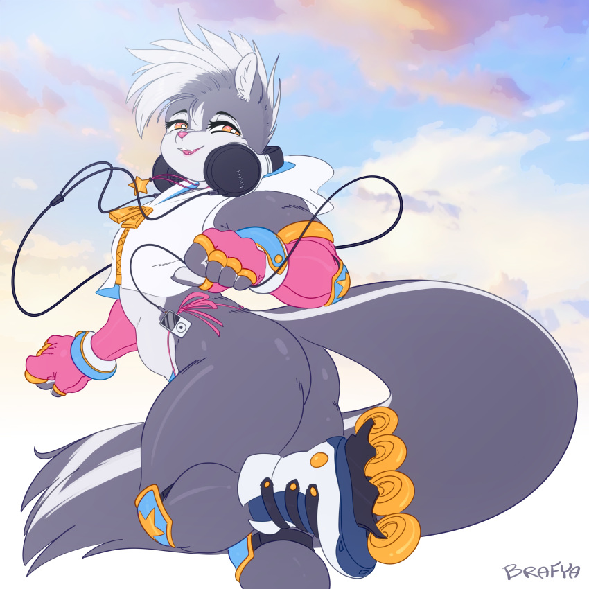 artist_signature battle_franky bottomless crossdressing femboy girly grey_body grey_fur headphones hoodie looking_at_viewer male male_only open_smile rollerblades skunk smile smiling_at_viewer solo_male thong