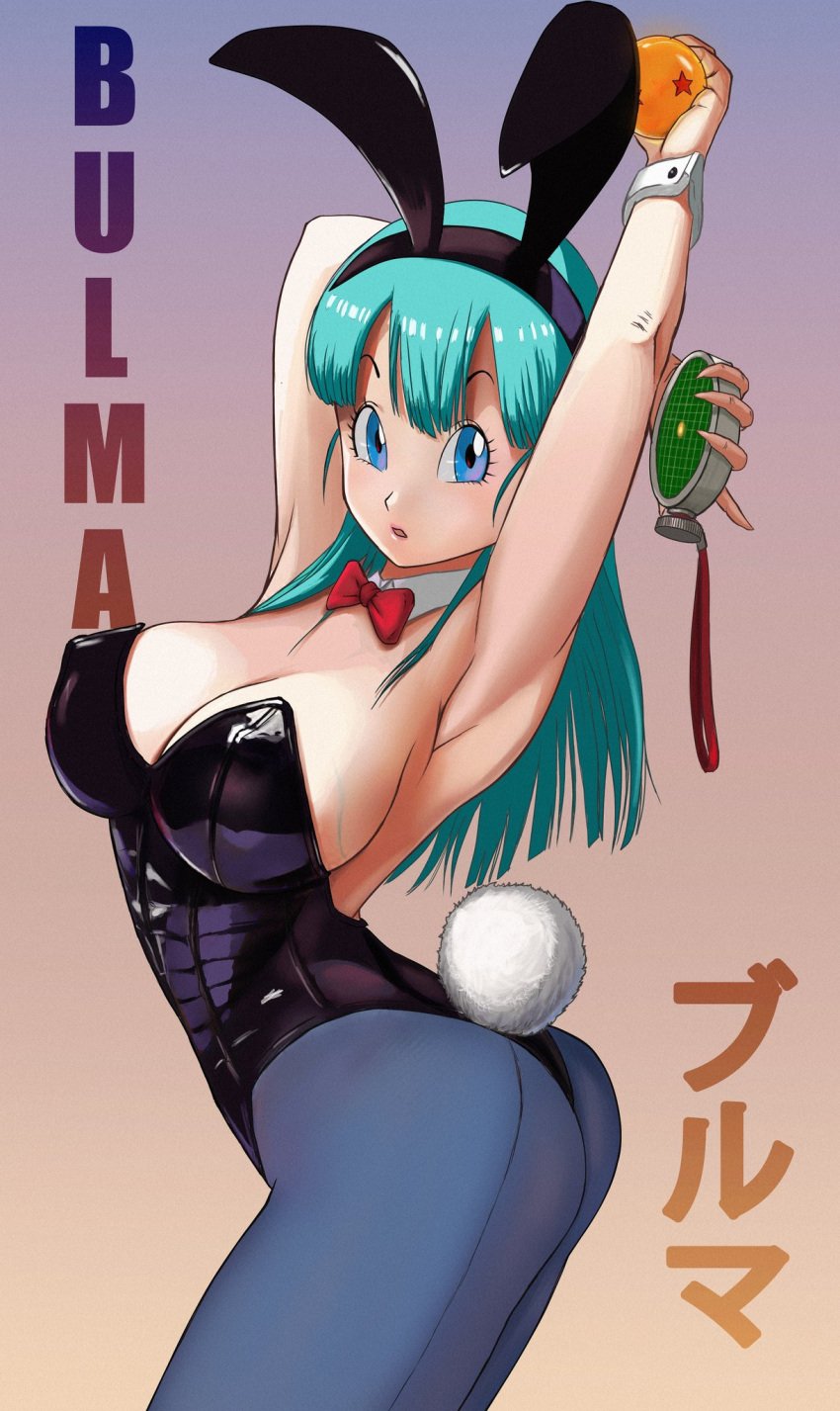 big_breasts blue_eyes blue_hair boobs_and_butt_pose bulma_(bunny) bulma_briefs bunny_ears bunny_girl bunny_tail bunnysuit cleavage dragon_ball dragon_radar elitenappa female female_only large_breasts shounen_jump sideboob stretching teenager