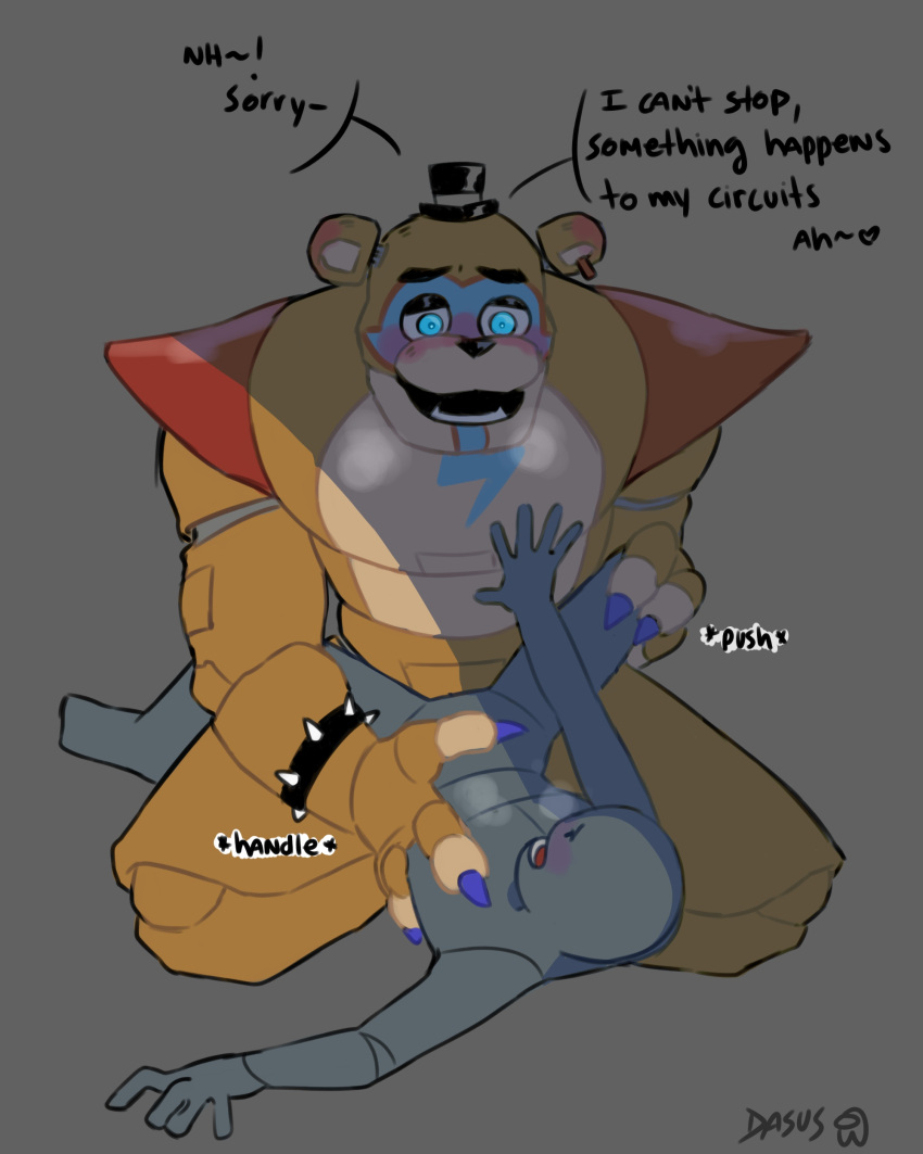 animatronic anthro bear big_breasts dasus_(artist) domination ear_piercing five_nights_at_freddy's five_nights_at_freddy's:_security_breach freddy_(fnaf) furry games getting_erect glamrock_freddy_(fnaf) horny male male/female male/male male_only muscular robot tophat