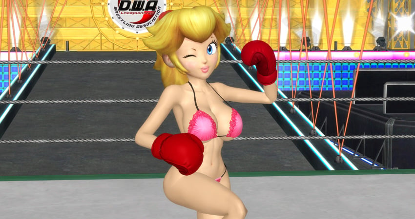 1girls 3d 3d_(artwork) alternate_breast_size arena armpit_peek bikini blonde_hair blue_eyes blush boxing boxing_gloves boxing_ring breasts busty camper222 cleavage clothing female female_only fighting_ring gloves human human_only leg_lift light-skinned_female light_skin lipstick looking_at_viewer mario_(series) medium_breasts navel nintendo one_eye_closed pale-skinned_female pale_skin pink_bikini pink_lips pink_lipstick ponytail pose posing princess_peach red_boxing_gloves red_gloves smile solo thick thick_hips thick_thighs thighs tied_hair wide_hips wink winking_at_viewer