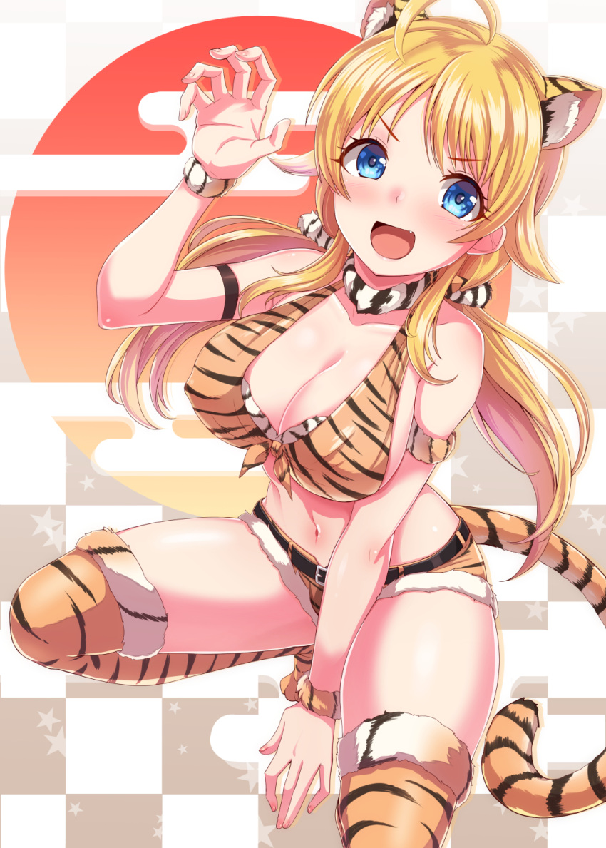 1girls 2022 ahoge animal_ears animal_print bare_shoulders belt between_legs blonde_hair blue_eyes blush breasts claw_pose cleavage collar dan_(orange_train) fake_animal_ears fake_tail female female female_focus female_only front-tie_top fur_trim hachimiya_meguru hand_between_legs highres idolmaster idolmaster_shiny_colors large_breasts long_hair looking_at_viewer navel new_year rising_sun short_shorts shorts solo solo_female squatting sunburst tail thighhighs thighs tiger_ears tiger_print tiger_tail twintails