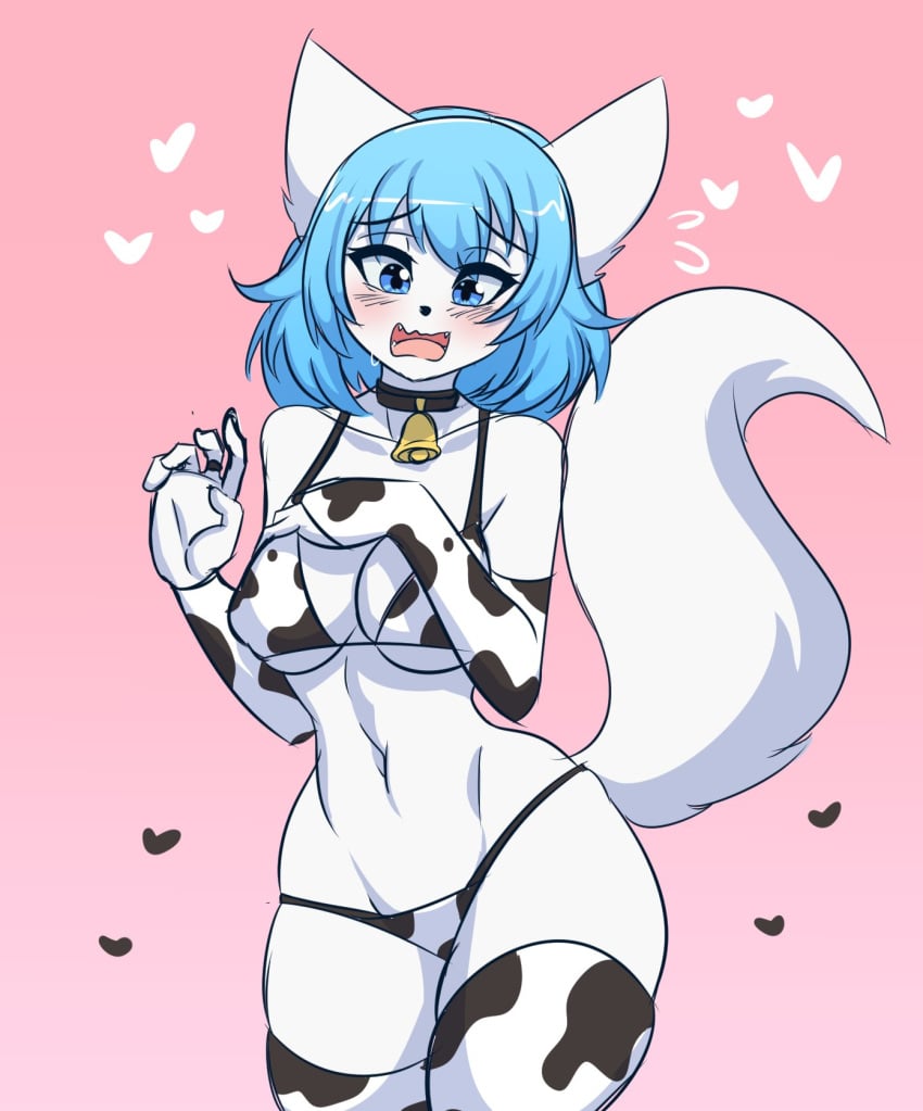 1girls animal_ears animation_meme_community anthro bikini blue_hair cow_print cow_print_bikini female female_focus female_only female_solo flustered heart kinathefox short_hair solo solo_female tagme tail thick_thighs thighs virtual_youtuber wolf_ears wolf_girl wolf_tail wolfychu youtube youtuber