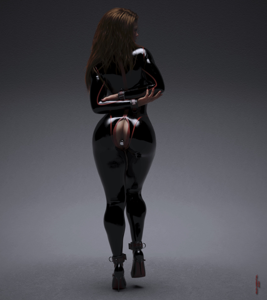 1girls 3d bodysuit bondage brown_hair buttplug female female_only high_heels long_hair restrained rudimental simple_background slushe_(website) solo solo_female standing