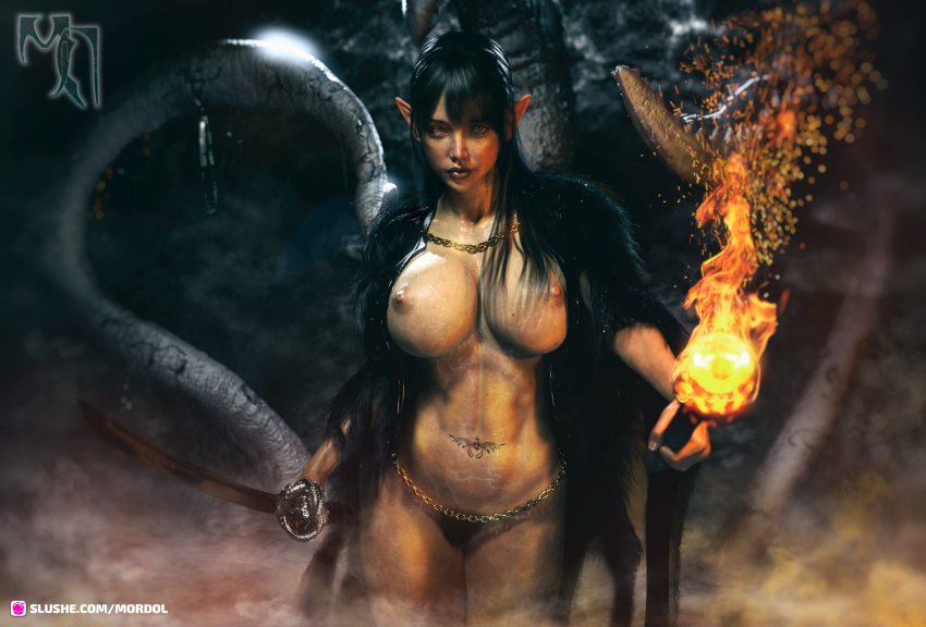 1girls 3d black_hair black_pubic_hair elf_ears fantasy female female_only fireball front_view holding_sword holding_weapon huge_breasts large_breasts looking_at_viewer mage magic mordol navel_piercing navel_tattoo necklace nude nude_female pinup pointy_ears pubic_hair slushe_(website) solo solo_female standing sword tentacle