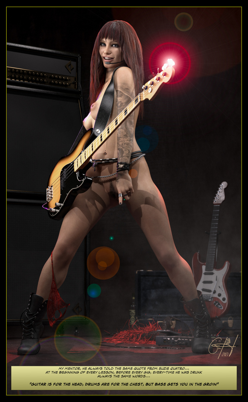 1girls 3d bass_guitar brown_hair electric_guitar english_text female female_only guitar kurgen long_hair medium_breasts metalhead nude nude_female pinup slushe_(website) smile solo solo_female standing undressing