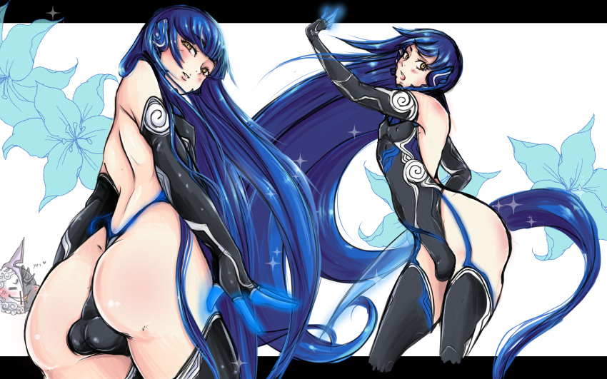 1boy armor ass atlus backless_leotard backless_outfit ball_bulge blue_garter_straps blue_hair elbow_gloves femboy garter_straps girly golden_eyes hime_cut human human_only lazynoodle_(artist) light-skinned_femboy light-skinned_male light_skin long_blue_hair long_hair male_only nahobino_(smt) nipple_bulge protagonist_(shin_megami_tensei_v) shin_megami_tensei shin_megami_tensei_v solo swimsuit thighhighs thong_leotard very_long_hair zeus_(smt)