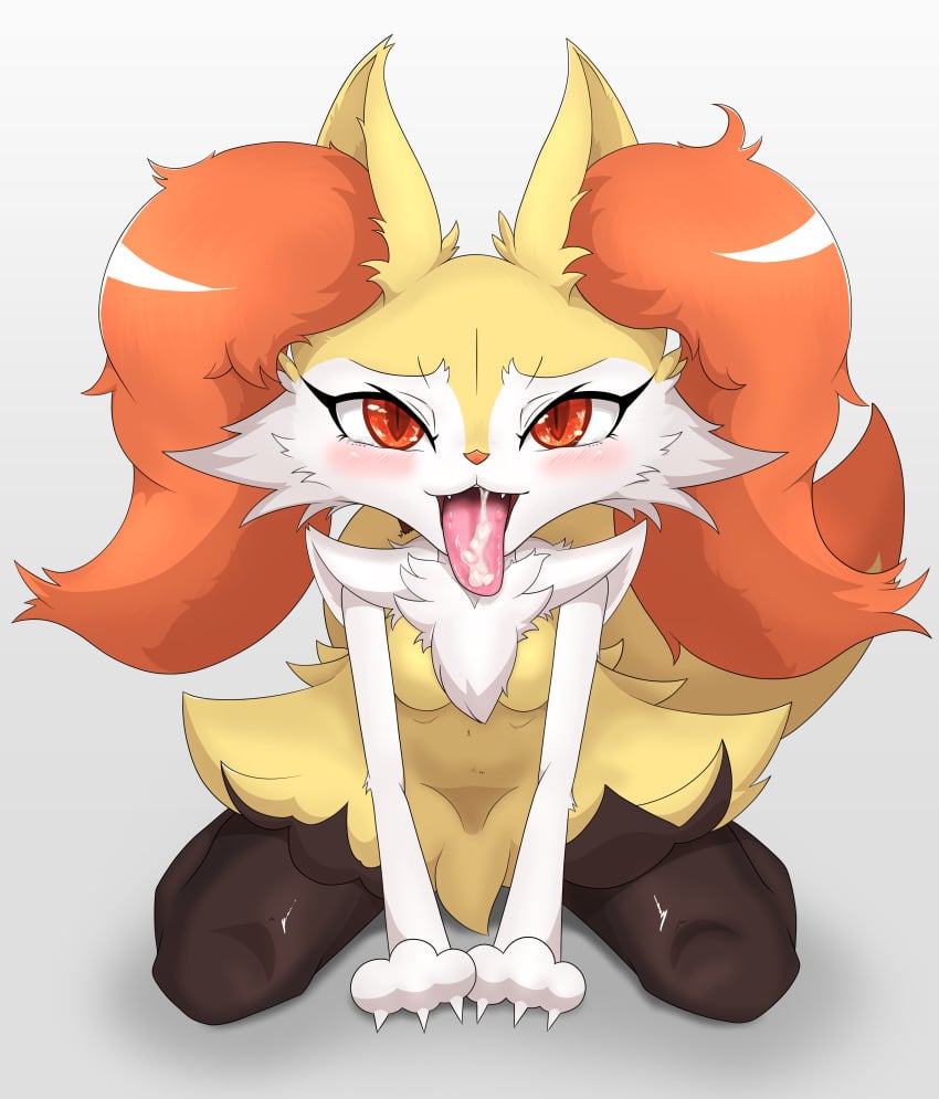 2021 3_fingers absurd_res anthro black_body black_fur blush bodily_fluids braixen canid canine claws cum cum_on_tongue cute_fangs dipstick_tail female finger_claws fingers fluffy fur genital_fluids hi_res inner_ear_fluff kemono kneeling looking_at_viewer mammal markings multicolored_body multicolored_fur multicolored_tail naughty_face nintendo open_mouth paws pokémon_(species) pokemon pokemon_(species) pupils red_body red_eyes red_fur red_nose saliva saliva_on_tongue slit_pupils solo tail_markings tongue tongue_out tuberosekotoki tuft video_games white_body white_fur yellow_body yellow_fur