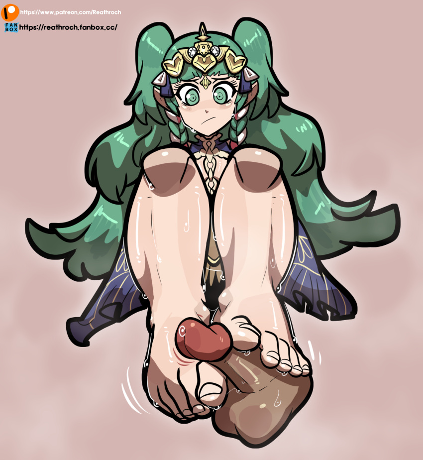 1girls bare_legs barefoot disembodied_penis feet female female_focus fire_emblem fire_emblem:_three_houses foot_fetish footjob green_eyes green_hair long_hair nintendo penis reathroch small_penis small_penis_footjob solo_focus sothis_(fire_emblem) sweat twintails very_long_hair video_games