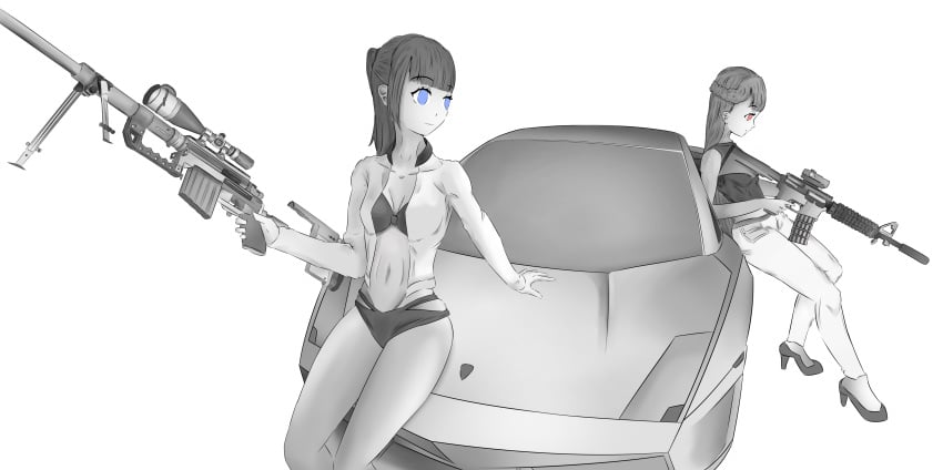 2girls absurdres assault_rifle bangs greyscale gun highres holding holding_gun holding_weapon lamborghini m200_intervention m4_carbine md5_mismatch monochrome multiple_girls original resolution_mismatch rifle scope source_smaller suppressor takumi_rinn weapon