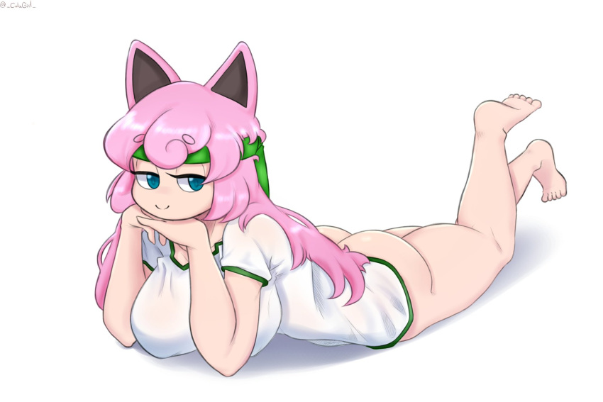 big_breasts blue_eyes colagirl feet female female_focus female_only gym_uniform headband jigglypuff jigglypuff_girl looking_at_viewer pink_hair pokemon pokemon_(species) smile smiling tagme