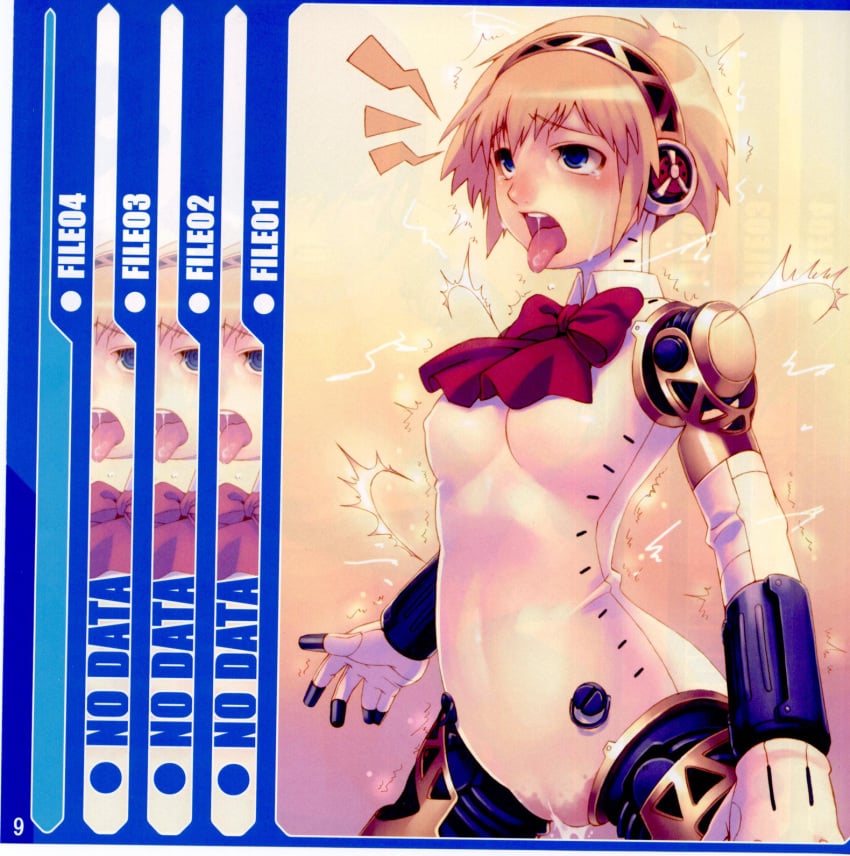 aegis_(persona) ahe_gao aigis_(persona) android blonde_hair blue_eyes bow cameltoe electricity electrocution fucked_silly hairband highres naughty_face nonude open_mouth persona persona_3 pussy_juice short_hair solo takara_shinnosuke tasaka_shinnosuke tongue wet