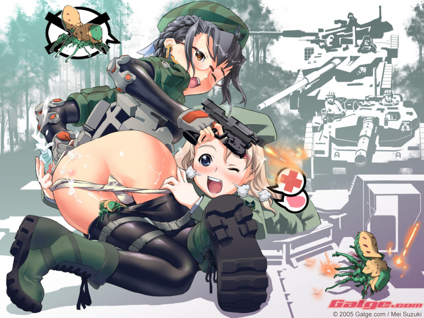 bent_over beret clothing galge.com glasses gun hat military panties panty_pull pantyhose pantyhose_pull suzuki_mei underwear wallpaper weapon