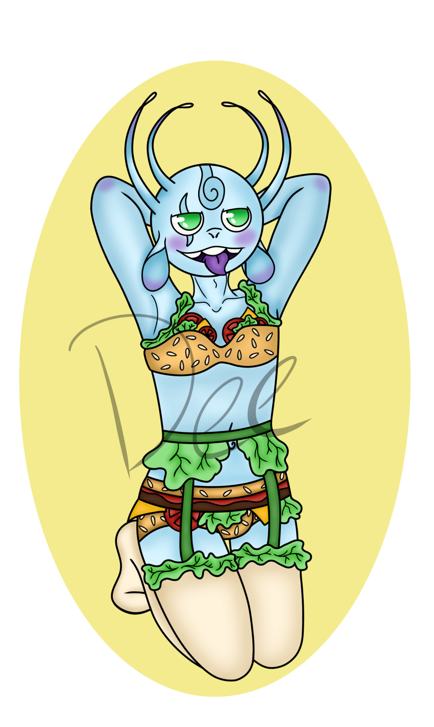 1boy alien alien_boy antennae bikini blue_skin bulge burger burger_lingerie crossdressing green_eyes lingerie lust oc original_character posing space