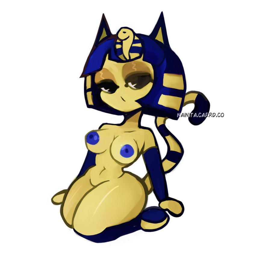 animal_crossing ankha anthro blue_hair blue_nipples egyptian feline furry kneeling nainita nintendo short_hair striped_tail tail yellow_fur