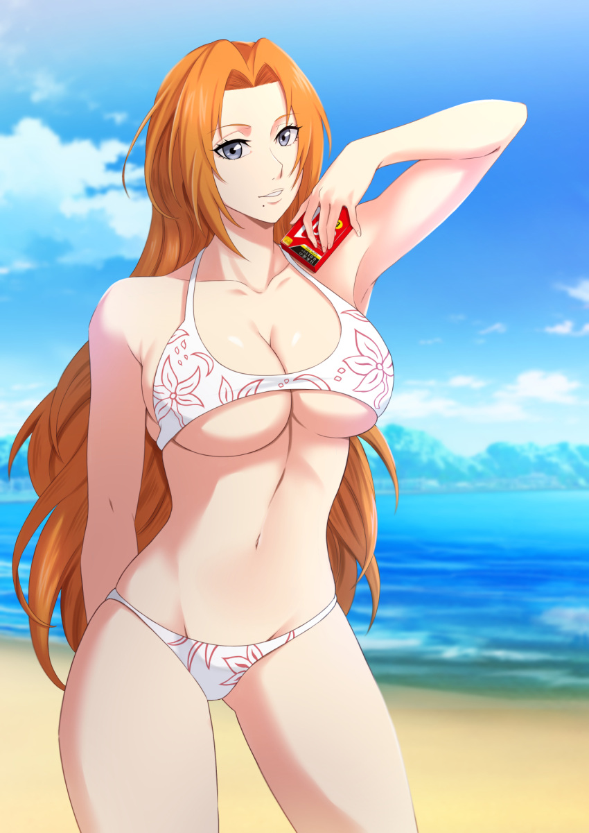 1girls armpits beach big_breasts bikini bleach blue_eyes breasts busty cherrycola collarbone curvaceous curvy curvy_female curvy_figure female female_only fit fit_female floral_print holding_object light-skinned_female light_skin long_hair looking_at_viewer matsumoto_rangiku midriff mole mole_under_mouth ocean orange_hair outdoors pelvic_curtain pinup revealing_swimsuit sand shiny shiny_hair shiny_skin shore skindentation small_bikini solo solo_focus swimsuit underboob very_long_hair voluptuous water wide_hips