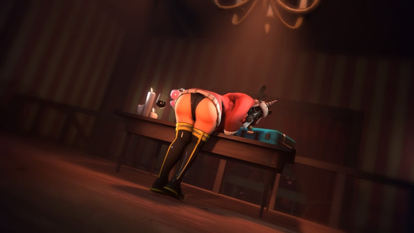 3d bent_over_table big_ass christmas christmas_clothing christmas_outfit clothed corset fempyro large_ass source_filmmaker swimsuit team_fortress_2 thick_thighs thighhighs thighs vyne