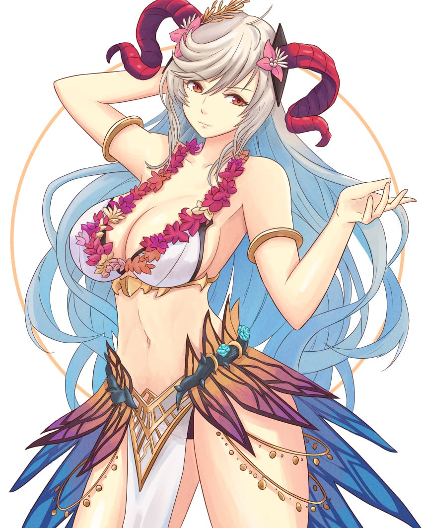 1girls absurdres alternate_costume arm_behind_head arm_up bangs bare_arms bare_midriff bare_shoulders bare_thighs beckoning belly bikini blue_hair breasts cleavage closed_mouth collarbone commentary confident eyebrows_visible_through_hair female female_only fire_emblem fire_emblem_heroes flower flower_necklace freyja_(fire_emblem) freyja_(summer)_(fire_emblem) gradient gradient_hair grey_hair hair_flower hair_ornament hand_up highres horns jewelry large_breasts lei long_hair looking_at_viewer midriff multicolored_hair navel necklace nintendo official_alternate_costume pelvic_curtain pose red_eyes see-through sideboob simple_background smile solo stomach swimsuit thighs truejekart white_bikini white_swimsuit