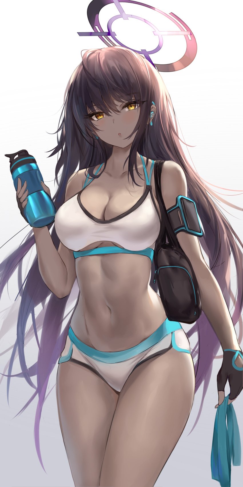 1girls 2021 :o absurdres ahoge airpods bag bangs bare_shoulders black_gloves black_hair blue_archive blush breasts brown_hair cleavage clothing_cutout collarbone cowboy_shot dark-skinned_female dark_skin dolphin_shorts eyebrows_visible_through_hair female female_focus female_only fingerless_gloves gloves gradient gradient_background gradient_hair halo highres holding holding_towel karin_(blue_archive) large_breasts long_hair looking_at_viewer micro_shorts millennium_science_school_student multicolored_hair navel parted_lips pdxen purple_hair short_shorts shorts shoulder_bag solo solo_female sports_bra standing stomach thighs toned towel underboob underboob_cutout very_long_hair white_background wireless_earphones yellow_eyes