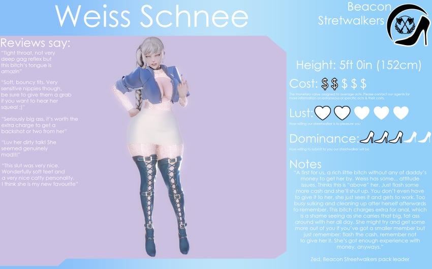 1girls big_breasts breasts character_name character_profile cleavage clothed english_text female female_focus female_only honey_select huge_breasts kirinonsfw measurements prostitution rwby stats tagme text thigh_boots weiss_schnee white_hair