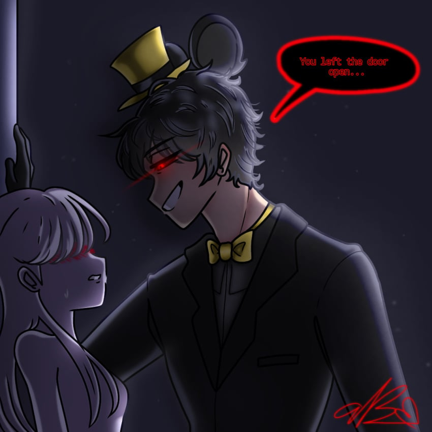 1boy 1girls big_dom_small_sub black_hair cute_deth cute_deth(artist) english english_text female female_self_insert five_nights_at_freddy's five_nights_at_freddy's_4 humanization humanized humanized_animatronic kabedon male night nightmare nightmare_(fnaf) red_eyes speech_bubble y/n