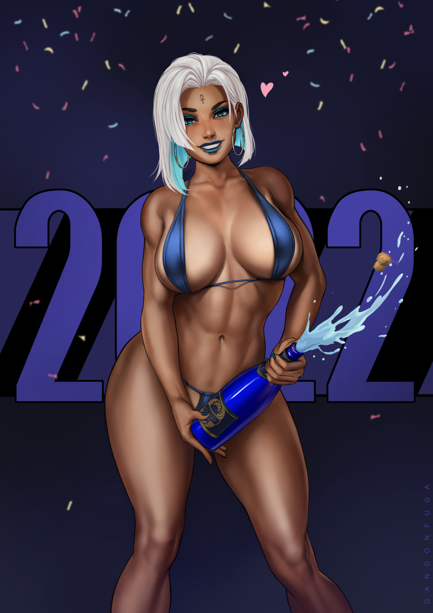 2022 abs bare_arms bare_shoulders bare_skin bare_thighs beverage beverage_bottle big_breasts bikini bikini_bottom bikini_top blue_eyes blue_lips blue_lipstick blue_makeup blue_nail_polish blue_nails bottle bra breasts child_bearing_hips cleavage clothed clothing dandon_fuga dark-skinned_female dark_skin drink earring earrings female female_focus female_only fit fit_female forehead_mark hips holding_bottle hoop_earrings large_breasts lipstick muscular muscular_female nails navel neema_(dandon_fuga) original original_character plain_background short_hair shoulder_length_hair simple_background solo solo_female solo_focus thick_thighs thighs toned toned_female underwear white_hair wide_hips