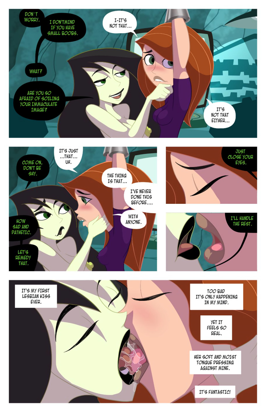 2girls bisexual_(female) bondage breasts comic disney disney_channel english_text female female_only french_kiss kim_possible kimberly_ann_possible kissing multiple_girls nipples shego small_breasts teasecomix text yuri