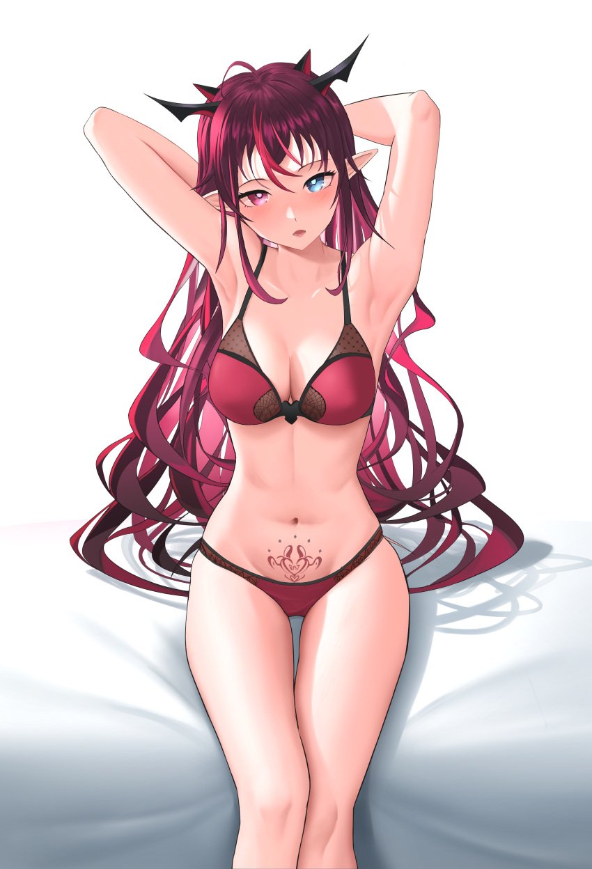 1girls absurdres ahoge armpits arms_behind_head bangs blue_eyes blush body_writing bra breasts cleavage english_text female female_only hair_between_eyes heterochromia highres hololive hololive_english hololive_english_-promise- horns irys irys_(hololive) large_breasts lingerie long_hair looking_at_viewer multicolored_hair navel nose_blush panties pointy_ears pubic_tattoo purple_bra purple_eyes purple_hair purple_panties red_hair shift_(shiftillust) sitting solo stomach tattoo underwear very_long_hair virtual_youtuber