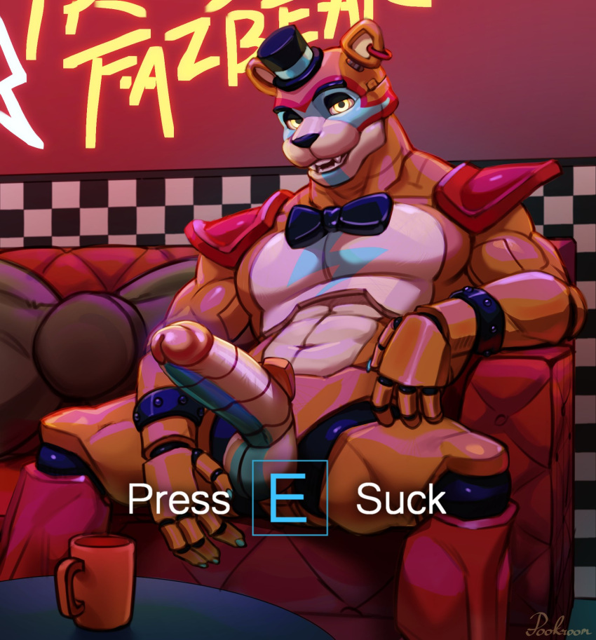 2022 abs animatronic anthro armband balls biceps big_penis bow_tie claws clothing coffee_mug ear_piercing ear_ring english_text erection eyebrows facial_markings five_nights_at_freddy's five_nights_at_freddy's:_security_breach furniture gameplay_mechanics genitals glamrock_freddy_(fnaf) hat head_markings headgear headwear hi_res humanoid_genitalia humanoid_penis inside looking_at_viewer machine male male_only mammal markings muscular muscular_anthro muscular_male navel nude on_sofa pecs penis piercing poofroom robot scottgames shoulder_pads signature sitting smile sofa solo table teeth text top_hat ursid video_games