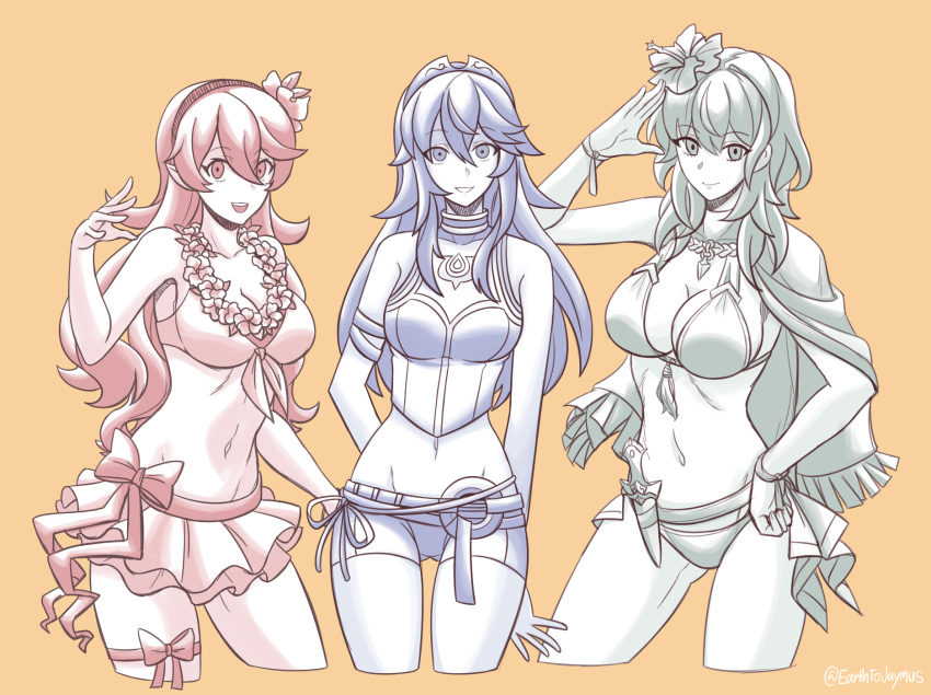 3girls alternate_costume bikini breasts byleth_(fire_emblem) byleth_(fire_emblem)_(female) byleth_(summer)_(fire_emblem)_(female) cleavage closed_mouth clothed clothing commentary corrin_(fire_emblem) corrin_(fire_emblem)_(female) corrin_(summer)_(fire_emblem)_(female) crossover dagger earthtojaymus english_commentary female female_only fire_emblem fire_emblem:_three_houses fire_emblem_awakening fire_emblem_cipher fire_emblem_fates fire_emblem_heroes flower flower_necklace hair_flower hair_ornament hairband hibiscus highres jewelry knife large_breasts long_hair lucina_(fire_emblem) lucina_(summer)_(fire_emblem) medium_breasts multiple_girls necklace nintendo official_alternate_costume open_mouth orange_background pointy_ears sheath sheathed simple_background smile swimsuit thigh_strap tiara twitter_username weapon wreath