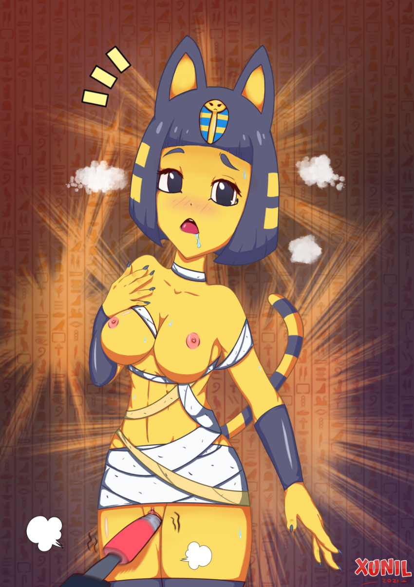 2021 animal_crossing ankha anthro bandages black_eyes blush breasts claws drool egyptian feline female_focus furry grey_hair large_breasts nintendo nipples open_mouth pussy sex_toy short_hair vaginal_penetration vibrator xunil763 yellow_fur