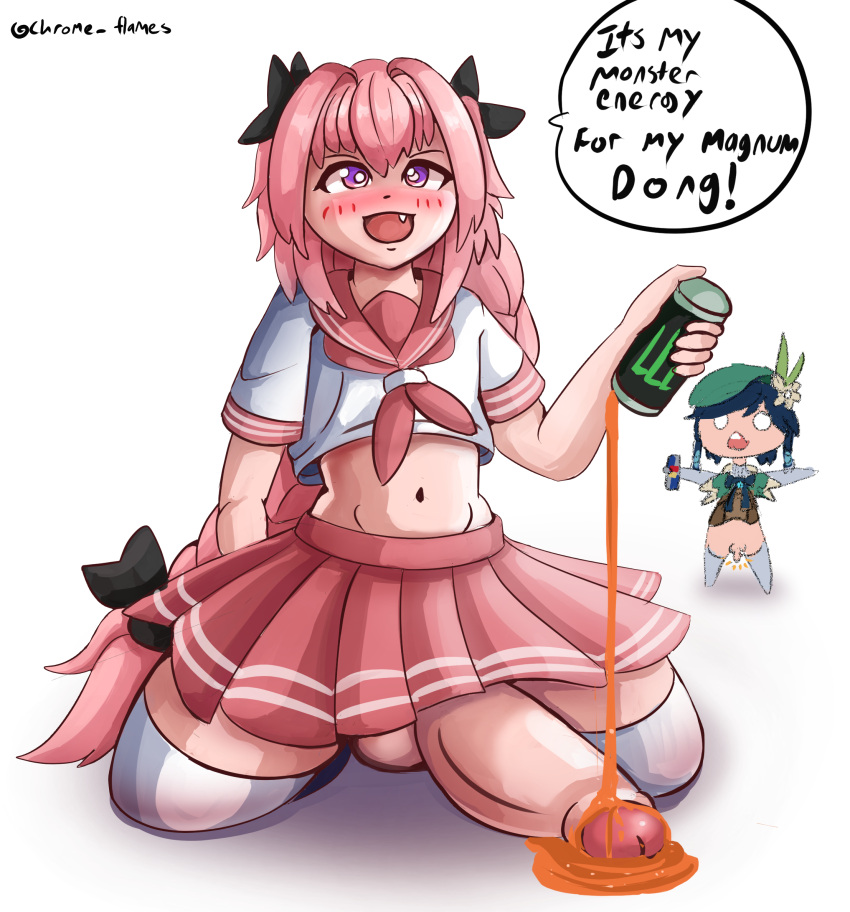 2boys astolfo_(fate) astolfo_monster_cosplay_(meme) balls big_balls big_penis chromeflames clothing fate/grand_order fate_(series) femboy genshin_impact huge_cock hung_trap hyper hyper_penis light-skinned_male light_skin male male_only monster_energy penis pink_hair skirt testicles thick_thighs trap venti_(genshin_impact) white_background