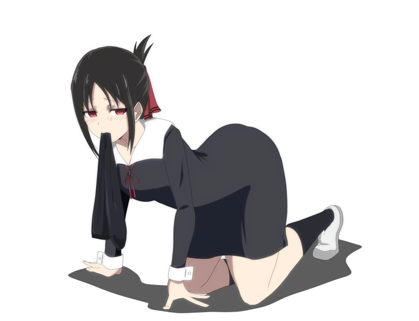 1girls black_hair blush brainwashing cuffs_(clothing) femsub foot_fetish hair_ornament holding_in_mouth hypnosis kaguya-sama_wa_kokurasetai_~tensai-tachi_no_renai_zunousen~ nervous on_hands_and_knees pervert red_eyes ribbon school_shoes school_uniform schoolgirl shadow shinomiya_kaguya socks stocking_in_mouth stockings submissive white_background ze_r0_ze_r0