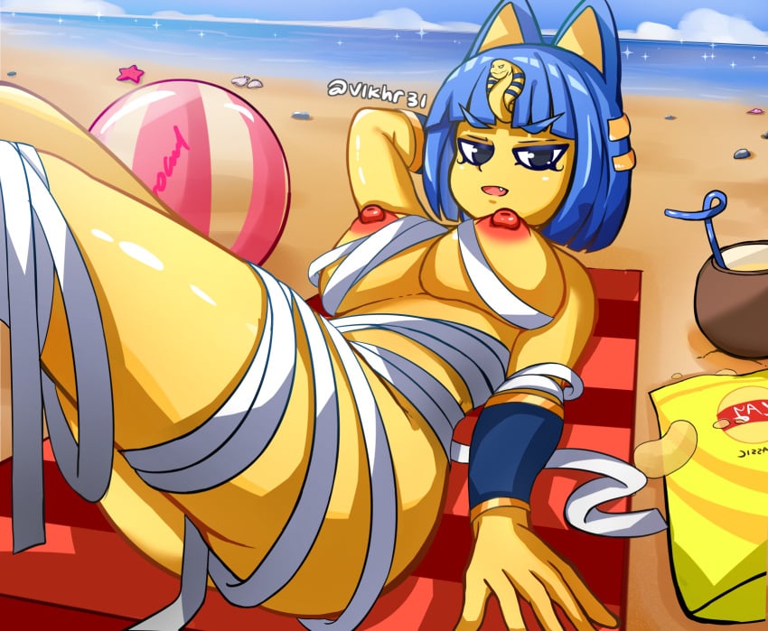 animal_crossing ankha anthro bandage beach beach_ball beach_towel blue_hair chips_(food) coconut cute_fang egyptian feline female furry lay's nintendo open_mouth seashell short_hair solo starfish vikhr31 yellow_fur