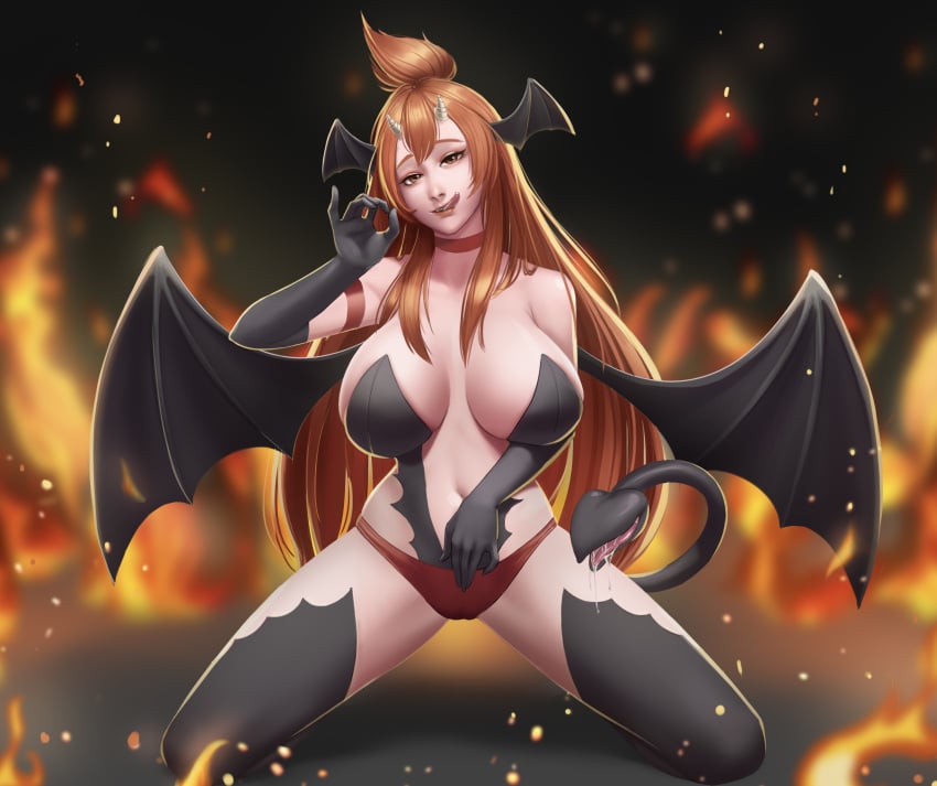 big_breasts clothed demon demon_girl drooling fire fire_background hair_bun handjob_gesture head_wings hellfire_(thundah-strike) horns licking_lips looking_at_viewer monster_girl on_knees pink_skin ringoripple succubus succubus_costume succubus_horns succubus_tail succubus_wings tail_pussy wings