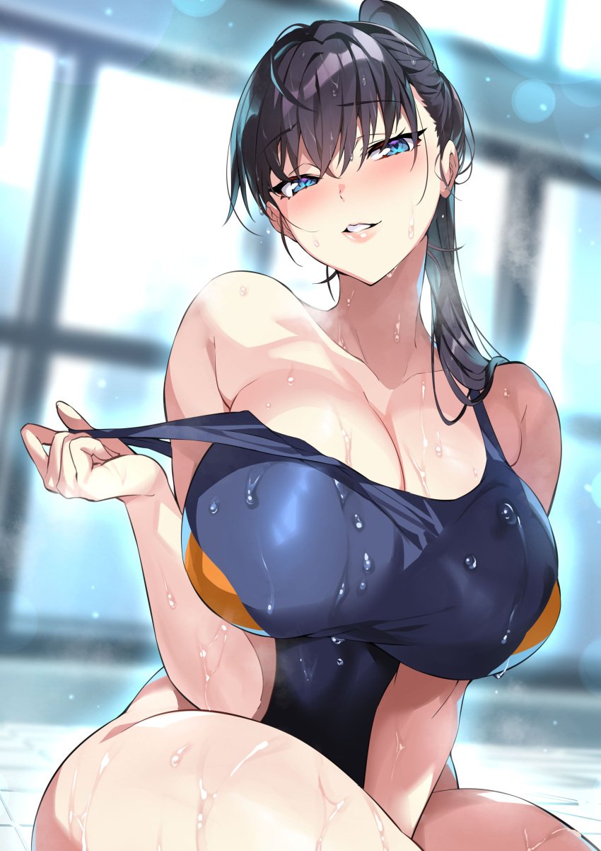 1girls absurd_res arm_between_legs bangs bare_shoulders black_hair black_legwear blue_eyes blue_swimsuit blush breasts busty clavicle cleavage clothes_pull clothing crossed_bangs curvaceous curvy_female eyebrows_visible_through_hair female flying_sweatdrops gan_(shanimuni) hair_between_eyes hair_over_shoulder hi_res huge_breasts indoors large_breasts legwear light-skinned light-skinned_female lips long_hair looking_at_viewer one-piece_swimsuit open_mouth parted_lips ponytail shiny shiny_skin shuumatsu_no_harem sitting solo sweat sweatdrop swimsuit swimsuit_pull tank_suit thick_thighs thighs tied_hair toudou_akira_(shuumatsu_no_harem) voluptuous water wet wet_clothes wet_hair wet_swimsuit window