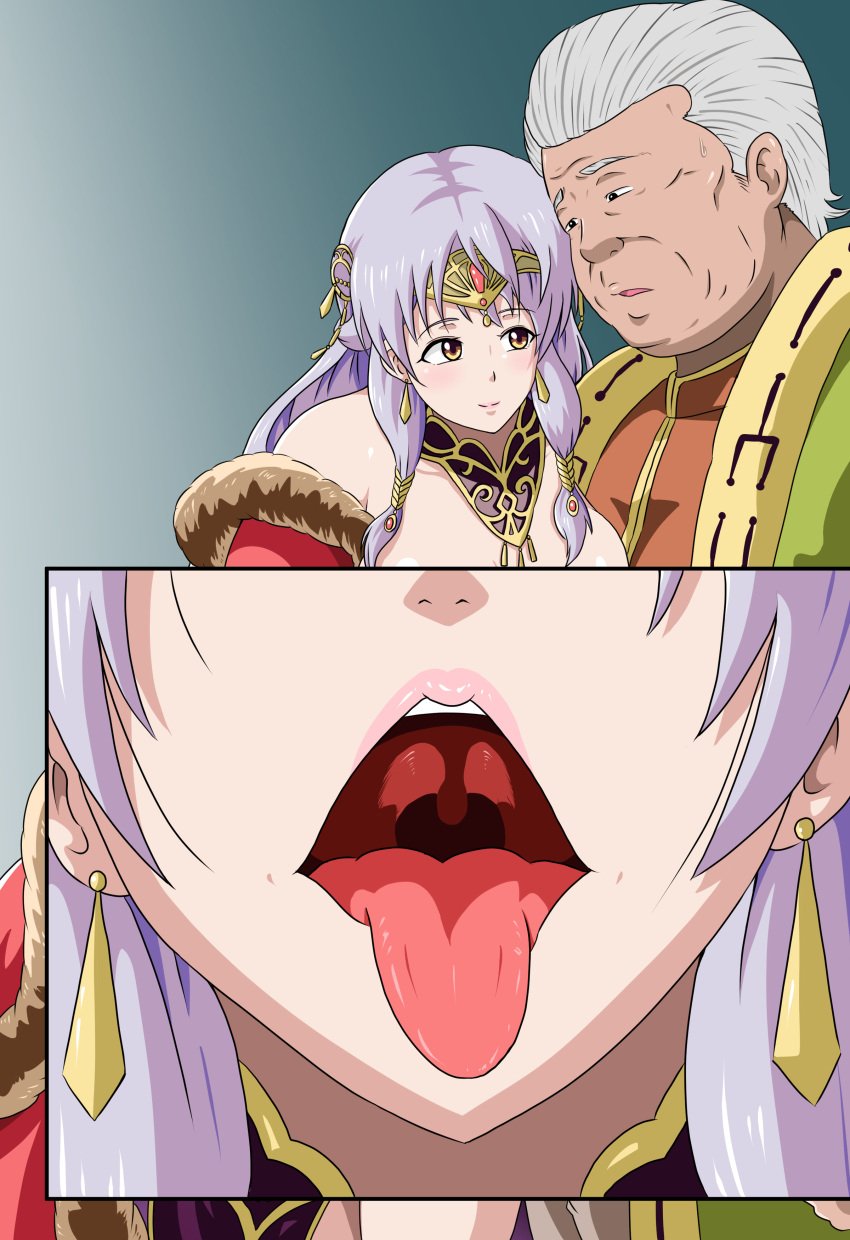 1girls bad_censor breasts breasts_out cape caress close-up covering earrings fellatio female_focus fire_emblem fire_emblem:_radiant_dawn groping huge_breasts imminent_oral inferior_version long_hair micaiah_(fire_emblem) nintendo nipples old_man open_mouth oral pelvic_curtain penis_grab purple_hair solo_focus tongue tongue_out tonsuke