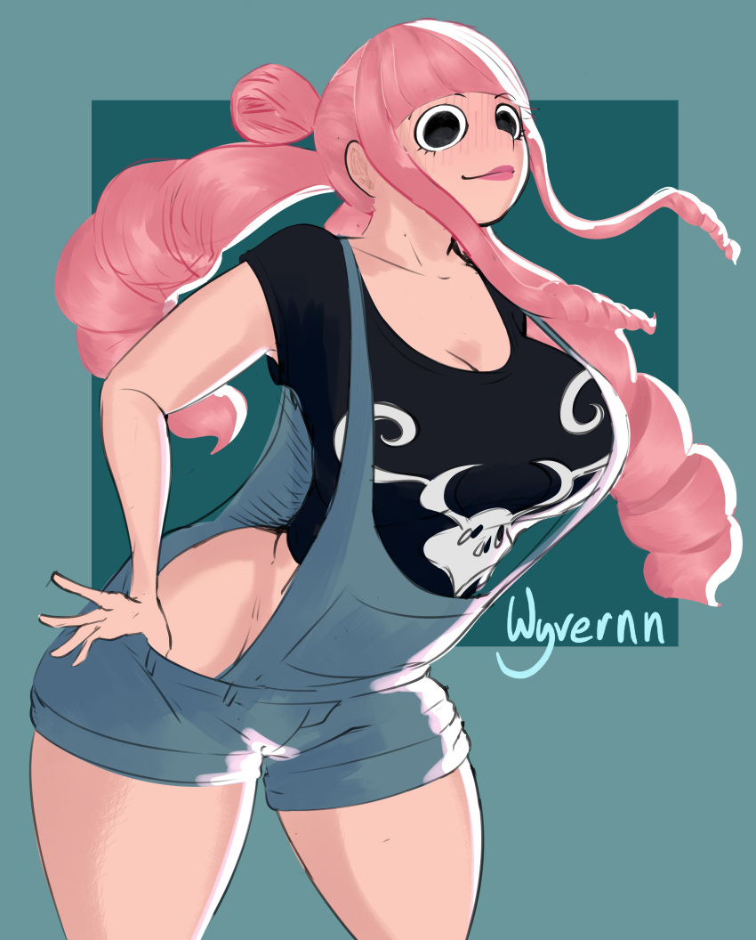 1girls big_breasts black_eyes cleavage female female_only hips lips long_hair no_panties one_piece overalls perona pink_hair solo t-shirt wyvernn