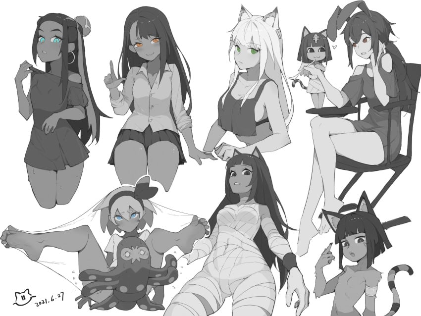 6girls animal_crossing ankha bea_(pokemon) big_breasts blue_eyes breasts brown_eyes cleavage clothed clothing creatures_(company) curvy dark-skinned_female dark_skin female_focus female_only game_freak grapploct green_eyes hayase_nagatoro hi_res humanized humanoid lan_mao_akko long_hair medium_hair monochrome nessa_(pokemon) nintendo please_don't_bully_me,_nagatoro pokemon pokemon_(game) pokemon_ss revealing_clothes short_hair simple_background small_breasts spread_legs watermark white_background white_hair wide_hips