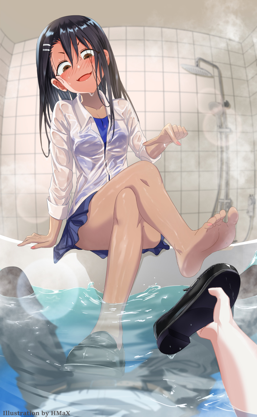 1boy 1girls ass bathroom bathtub black_hair blush breasts brown_eyes cleavage clothed clothing detailed_background feet hayase_nagatoro hi_res hmax long_hair naoto_hachioji_(senpai) open_mouth please_don't_bully_me,_nagatoro pose revealing_clothes skirt small_breasts smile spread_legs tan tanned transparent_clothing upskirt watermark wet