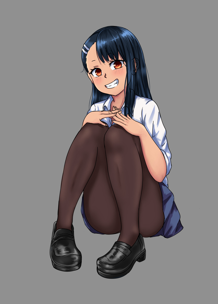 1girls black_hair blush breasts brown_eyes clothed clothing earrings female_focus female_only hayase_nagatoro hi_res long_hair pantyhose please_don't_bully_me,_nagatoro revealing_clothes simple_background sitting skirt small_breasts smile solo tan tanned triagorodri_(artist) wide_hips