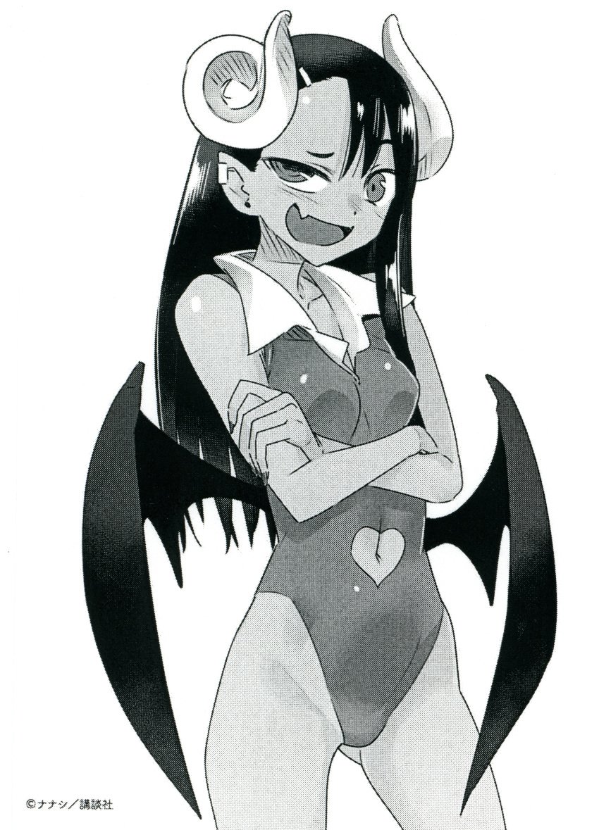 1girls 774_(nanashi) black_hair breasts clothed clothing demon_girl demon_horns demon_wings earrings female_focus female_only hayase_nagatoro hi_res japanese_text long_hair monochrome navel open_mouth please_don't_bully_me,_nagatoro pose revealing_clothes simple_background small_breasts solo tan tanned text translation_request watermark