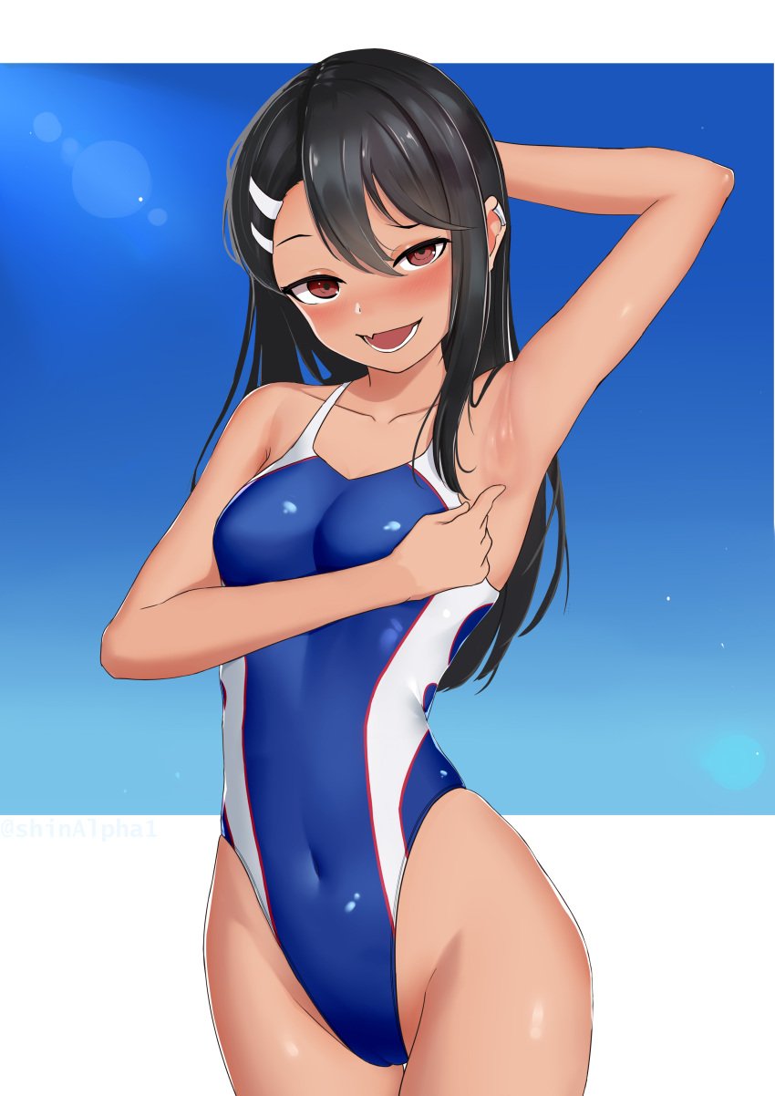 1girls armpits black_hair blush breasts brown_eyes cleavage clothed clothing earrings female_focus female_only hayase_nagatoro hi_res long_hair looking_at_viewer navel open_mouth please_don't_bully_me,_nagatoro pose revealing_clothes shinalpha simple_background small_breasts smile solo tan tanned