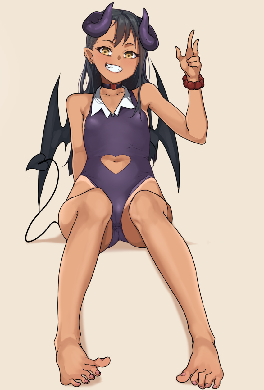 1girls black_hair breasts brown_eyes clothed clothing demon_girl demon_horns demon_tail earrings female_focus female_only hayase_nagatoro hi_res long_hair looking_at_viewer navel please_don't_bully_me,_nagatoro pose revealing_clothes simple_background sitting small_breasts smile solo succubus tan tanline tanned todding