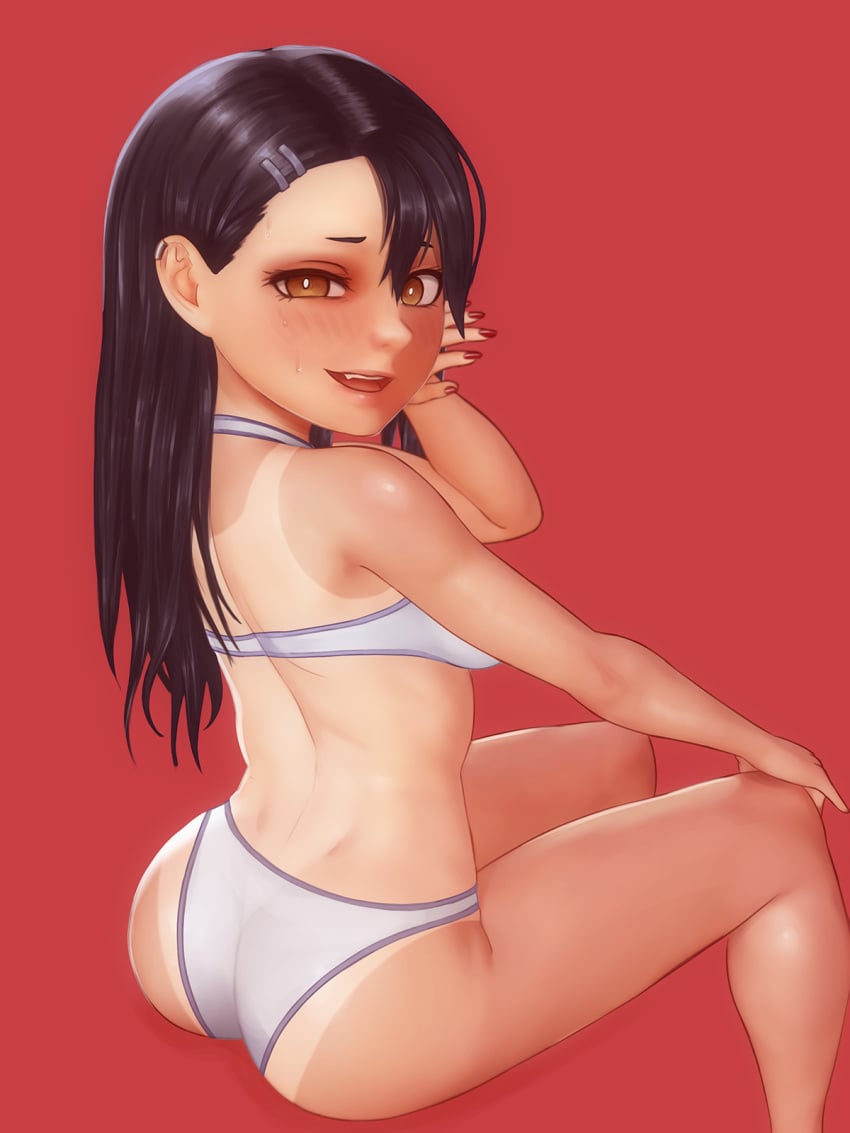 1girls aethosart bikini black_hair blush breasts brown_eyes clothed clothing earrings female_focus female_only hayase_nagatoro hi_res long_hair looking_at_viewer looking_back open_mouth please_don't_bully_me,_nagatoro revealing_clothes sideboob simple_background sitting small_breasts smile solo tan tanline tanned