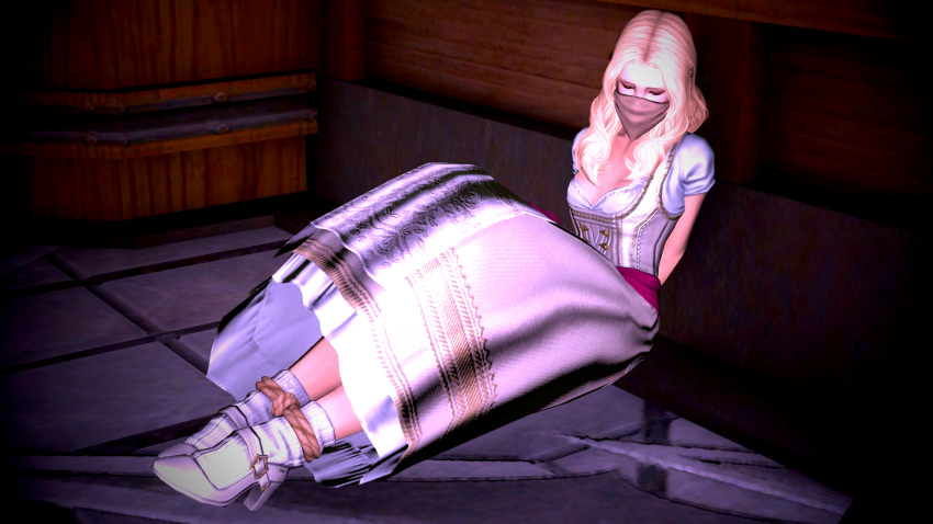 1girls blonde_hair bondage final_fantasy final_fantasy_xiv gag gagged gpose(ffxiv) hyur kidnapped midlander socks socks_and_shoes tied_ankles tiedlyonette