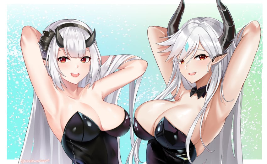 bunnysuit dragon_girl epic7 luna_(epic7) red_eyes sisters smiling twomoon white_hair yufine_(epic7)