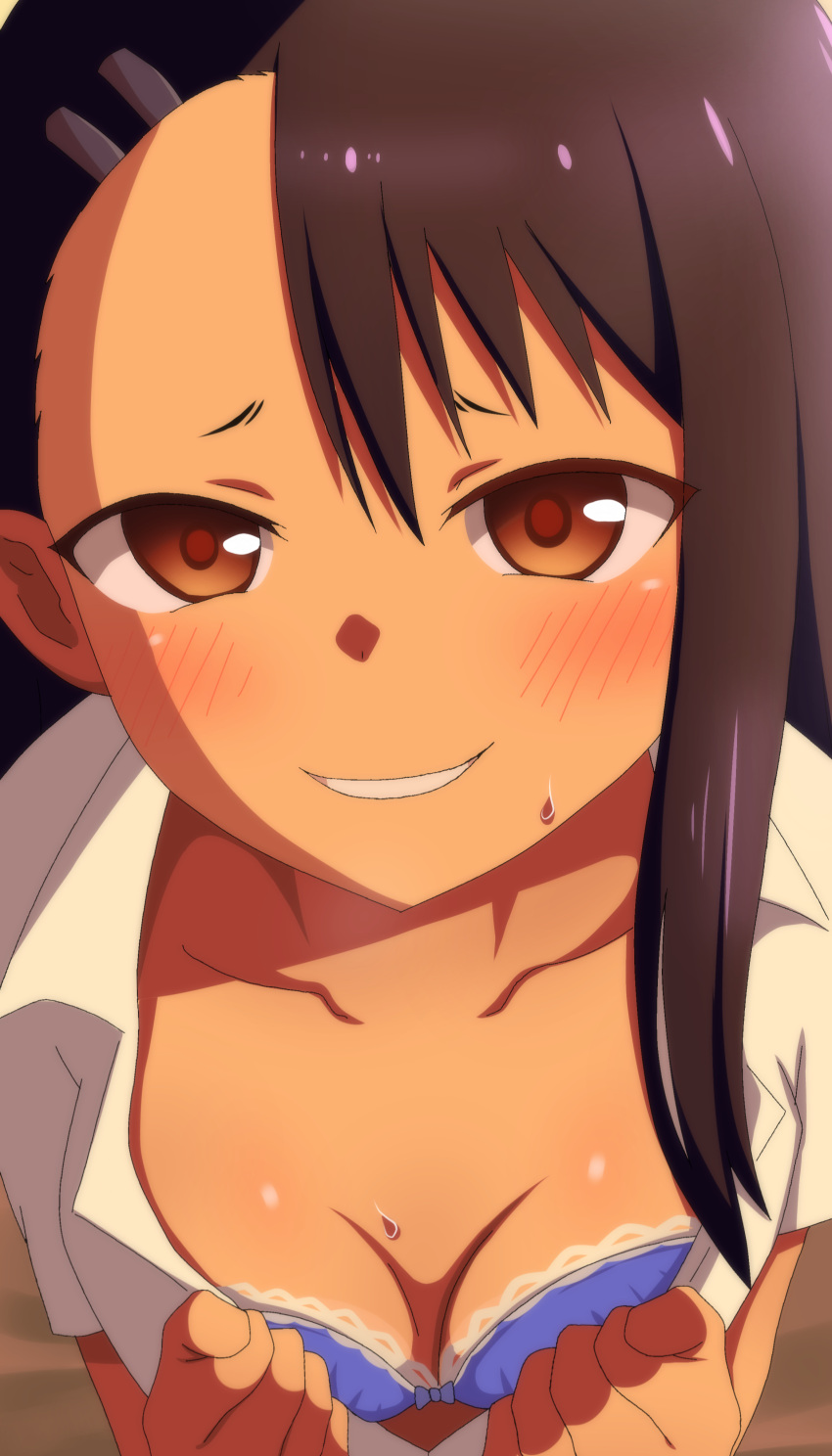 1girls black_hair blush bra breasts brown_eyes clothed clothing earrings embarrassed female_focus female_only hayase_nagatoro hi_res long_hair looking_at_viewer please_don't_bully_me,_nagatoro poa_mellhen pose revealing_clothes shy simple_background small_breasts smile solo sweat tan tanned